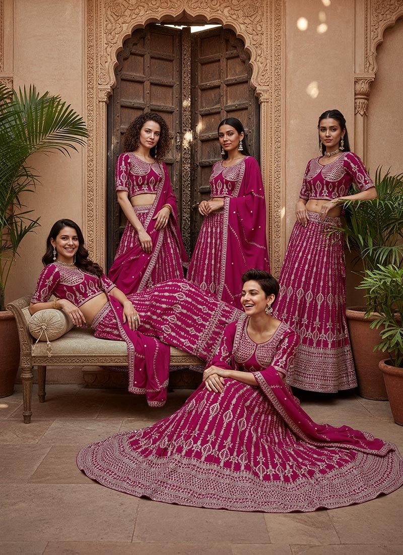Magenta Faux Georgette Zari Embroidered Sequins Lehenga Wedding Wear