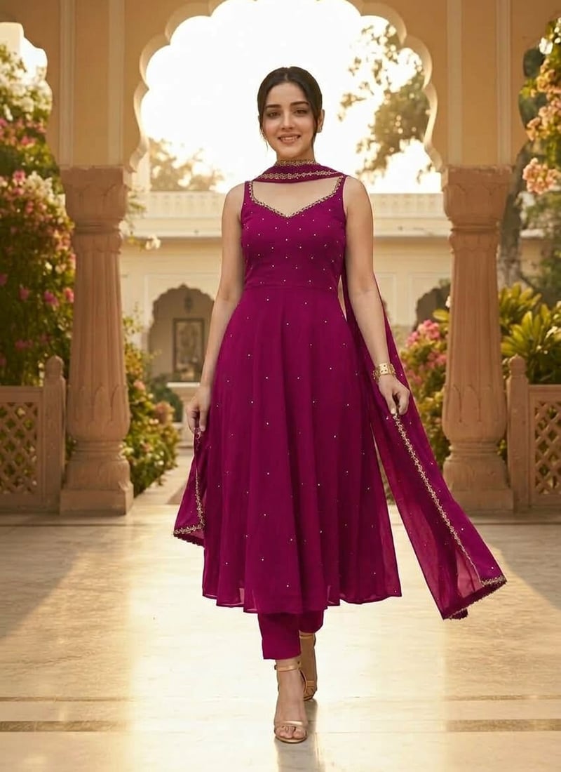 Magenta Georgette Cutdana Sequins Anarkali Suit Festive Wear