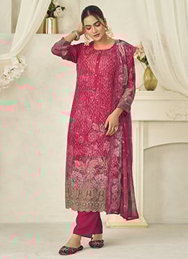 Magenta Georgette Digital Printed With Lucknowi Embroidered Straight Pant Suit