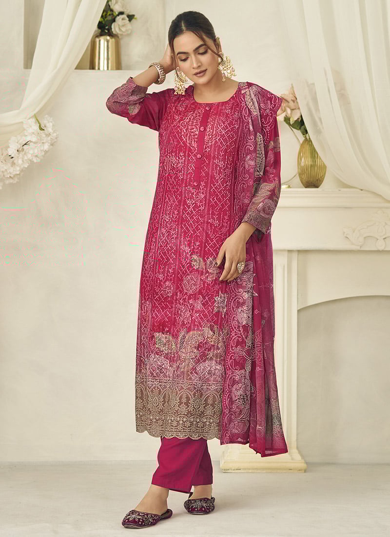 Magenta Georgette Digital Printed With Lucknowi Embroidered Straight Pant Suit Festive Wear
