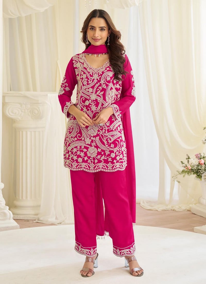 Magenta Georgette Embroidered Sequins Beads Straight Pant Suit Festive Wear