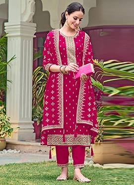 Magenta Georgette Embroidered Sequins Straight Pant Suit