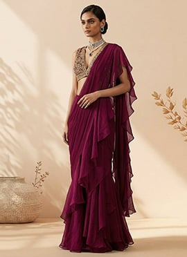 Magenta Georgette Hand Embroidered Sequins Pre Draped Saree