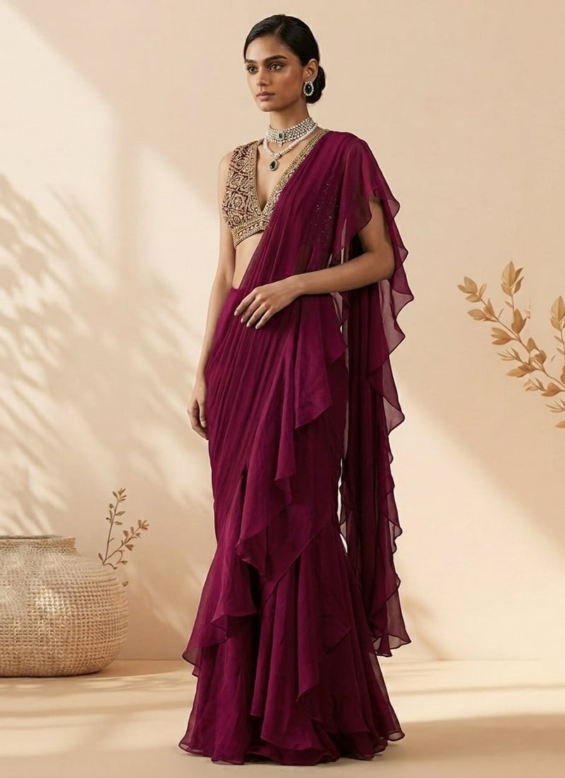 Magenta Georgette Hand Embroidered Sequins Pre Draped Saree Wedding Wear
