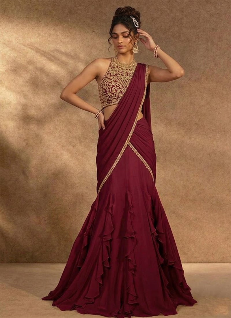 Magenta Georgette Mermaid Lehenga Set With Sequins Hand Embroidery Wedding Wear