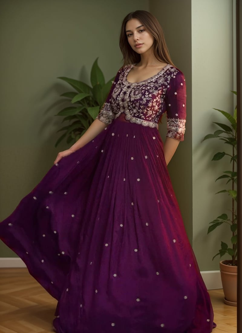 Magenta Georgette Zardosi Hand Embroidered Anarkali Suit Festive Wear