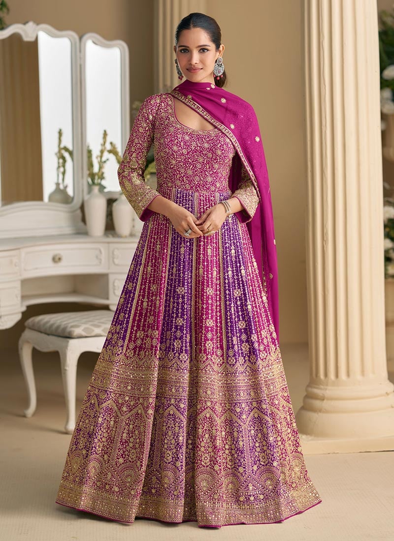 Magenta Georgette Zari Embroidered Sequins A Line Anarkali Suit