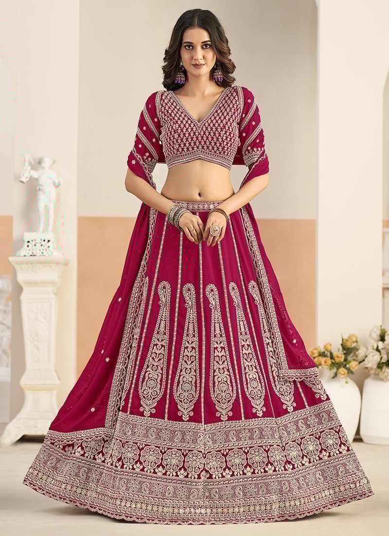 Magenta Georgette Zari Embroidered Sequins Lehenga Set Wedding Wear