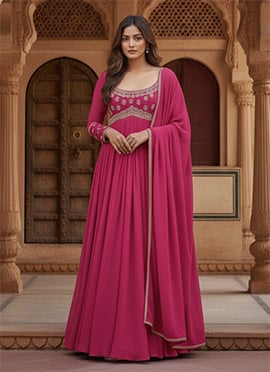 Magenta Georgette Zari Hand Embroidered With Beads Work A line Anarkali Suit