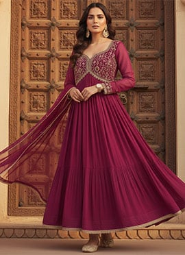 Magenta Georgette Zari Sequins Embellished Anarkali Suit