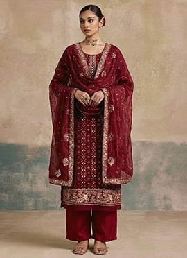 Magenta Georgette Zari Sequins Embroidered Pakistani Straight Pant Suit