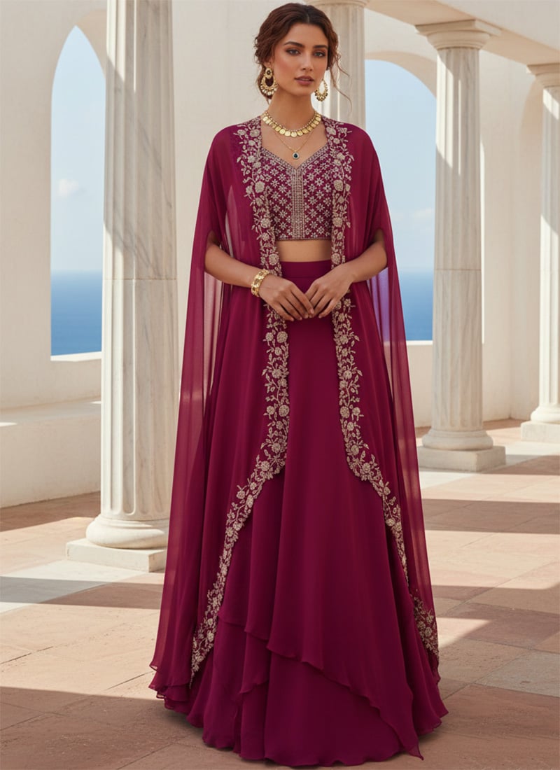 Magenta Georgette Zari Sequins Jacket Skirt Set Wedding Wear