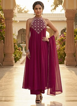 Magenta Halter Neck Georgette Resham Embroidered Anarkali Suit