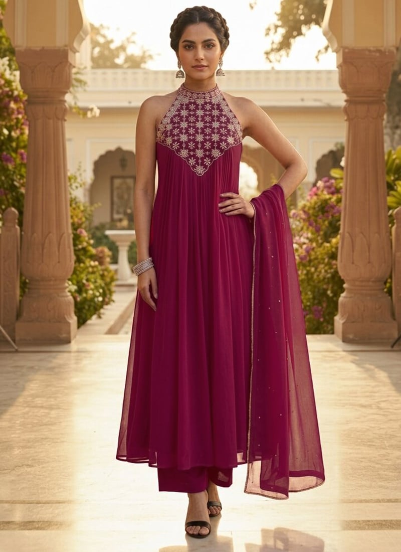 Magenta Halter Neck Georgette Resham Embroidered Anarkali Suit After Six Wear