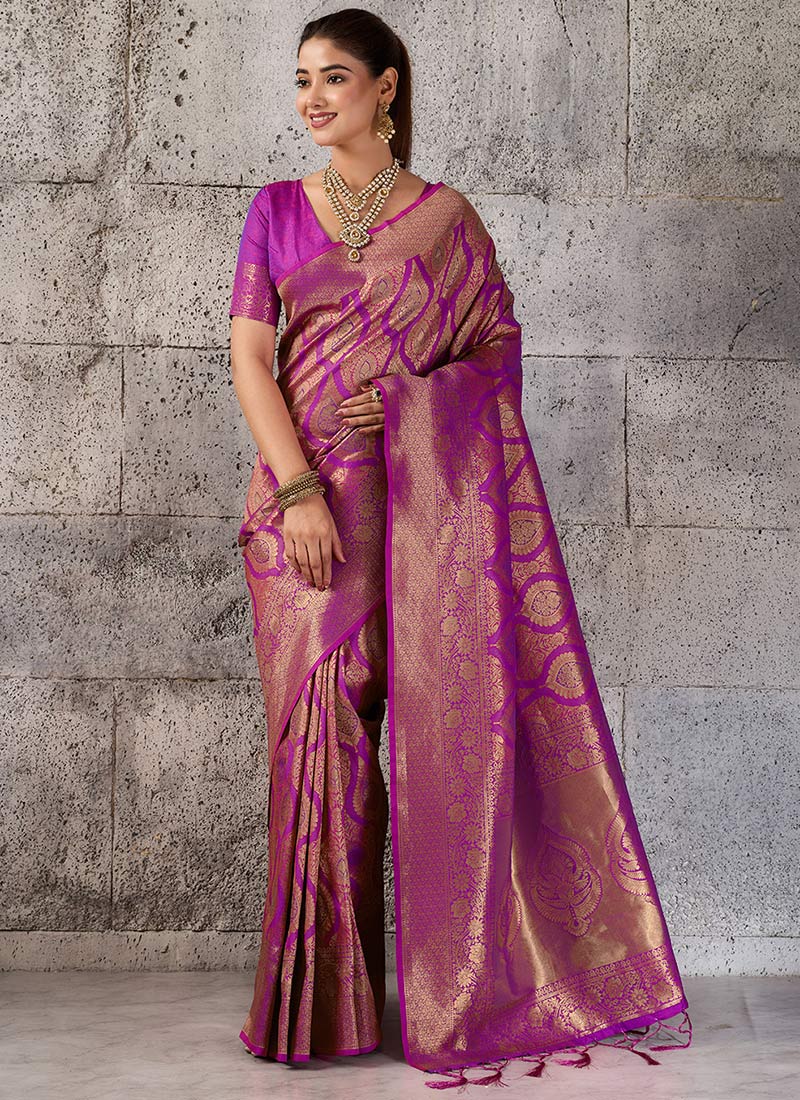 Magenta Kanjivaram Silk Zari Jauquard Woven Saree Festive Wear