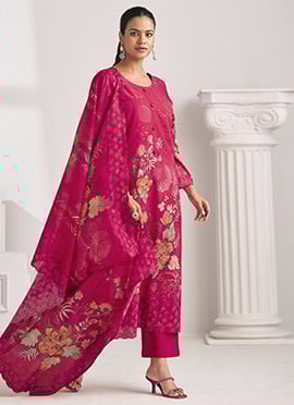 Magenta Lawn Cotton Digital Print Straight Pant Suit
