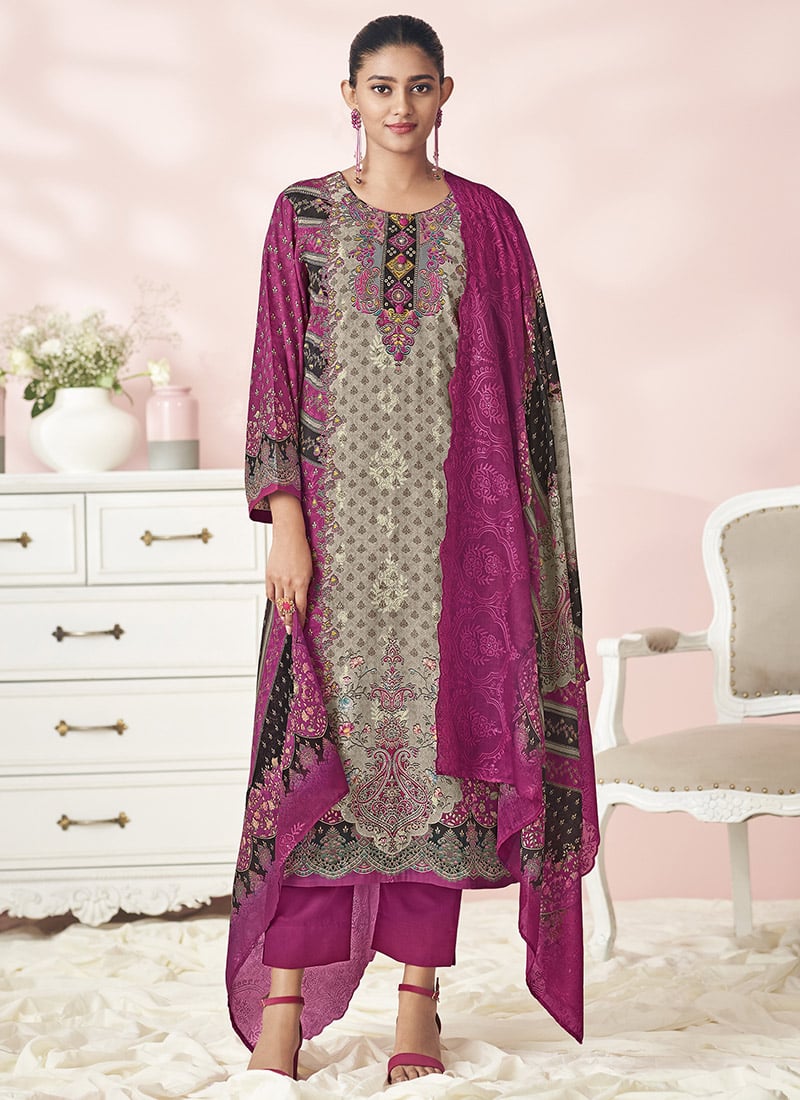 Magenta Lawn Cotton Embroidered And Digital Print Pakistani Suit Festive Wear