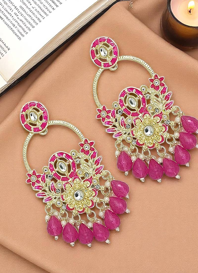 Magenta Meenakari Beads Kundan And Moti Adorned Chaand Bali Festive Wear