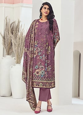 Magenta Muslin Digital Print Thread Embroidered Sequins Straight Pant Suit