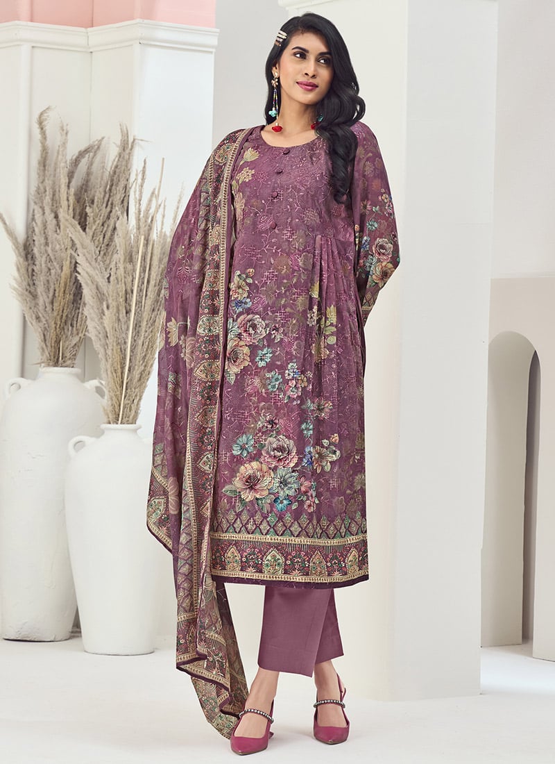 Magenta Muslin Digital Print Thread Embroidered Sequins Straight Pant Suit After Six Wear