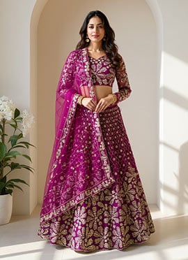 Magenta Net Lehenga With Zari Embroidery And Sequins Work