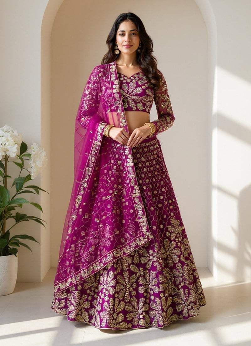 Magenta Net Lehenga With Zari Embroidery And Sequins Work