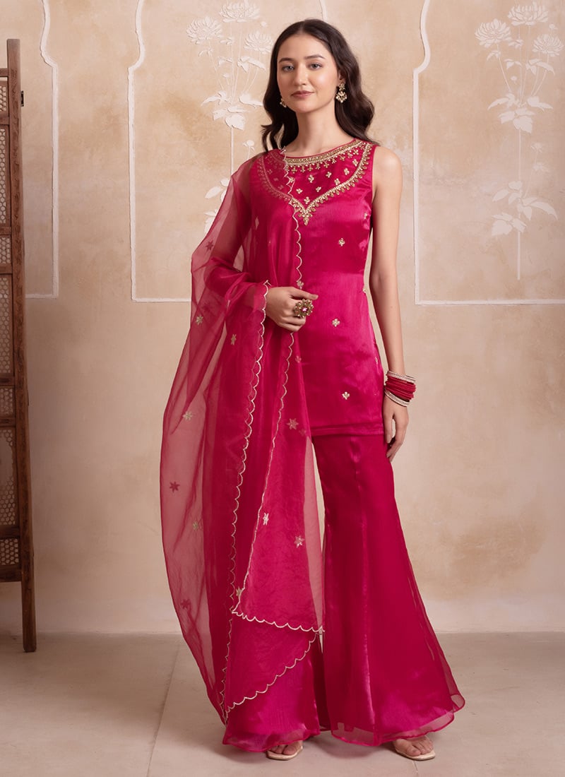 Magenta Organza Embroidered Sharara Suit After Six Wear