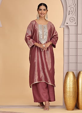 Magenta Organza Shimmer Mirror Work Stones Kurta Palazzo Set