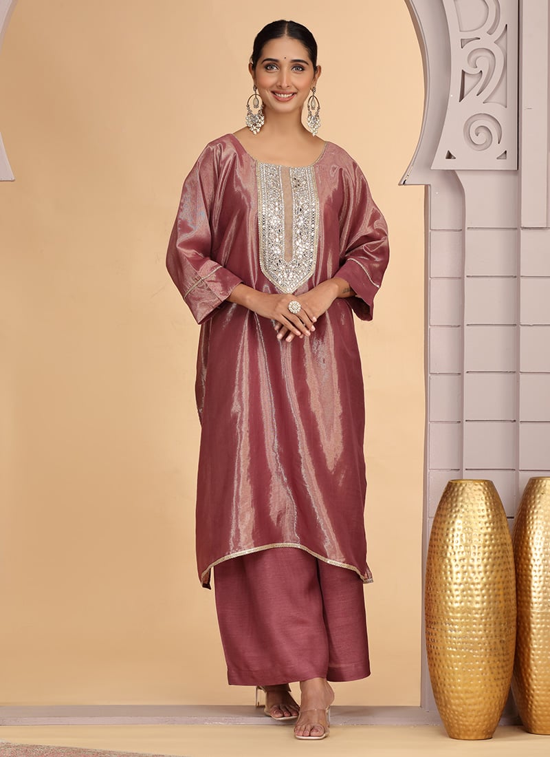 Magenta Organza Shimmer Mirror Work Stones Kurta Palazzo Set Festive Wear