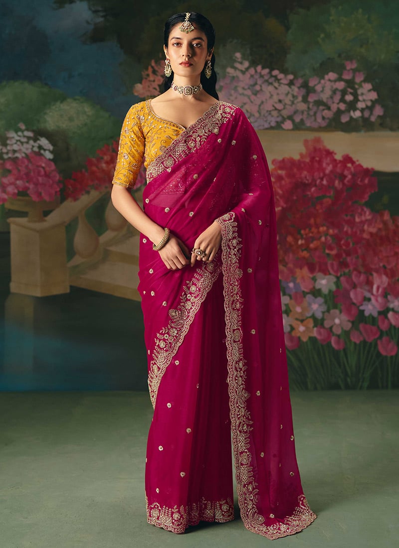 Magenta Organza Silk Embroidered Sequins With Beads And Stone Work Saree Wedding Wear