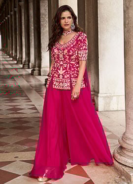 Magenta Organza Silk Sequins Zari Embroidered Palazzo Suit