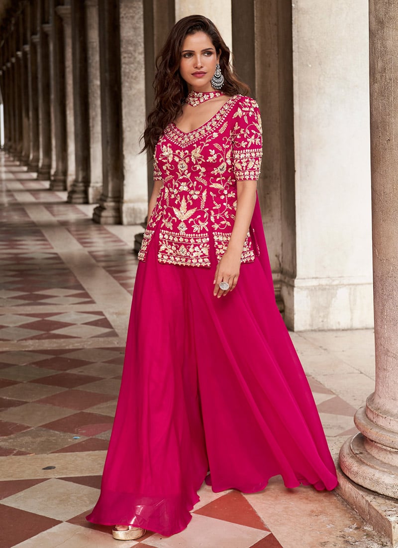Magenta Organza Silk Sequins Zari Embroidered Palazzo Suit Festive Wear