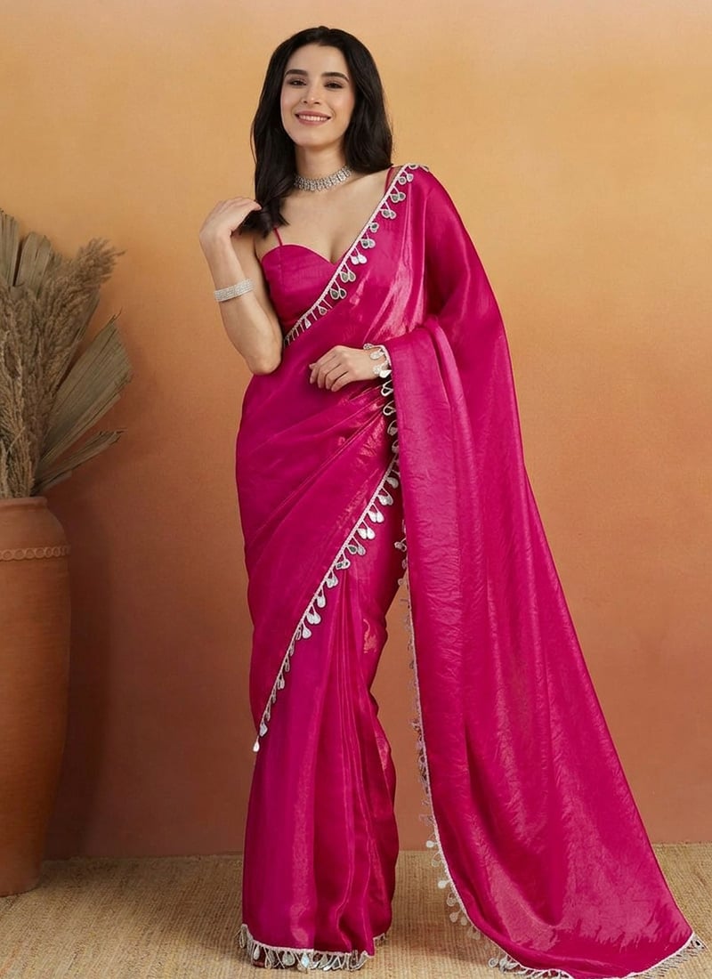 Magenta Organza Teardrop Lace Border Saree After Six Wear