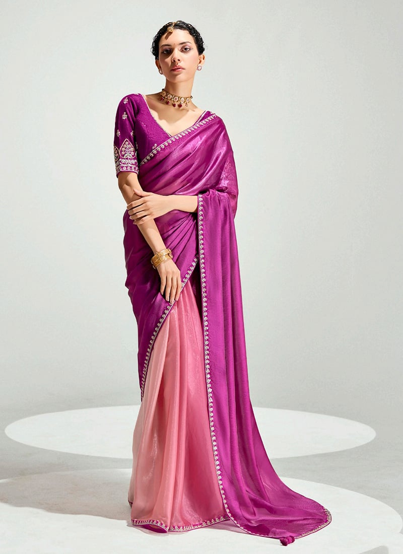 Magenta Organza Tissue Zari Embroidered Sequins Saree