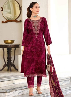 Magenta Pashmina Embroidered Straight Pant Suit With Digital Print Dupatta