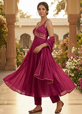 Magenta Pink Georgette Cutdana Sequins Hand Embroidered Anarkali Suit