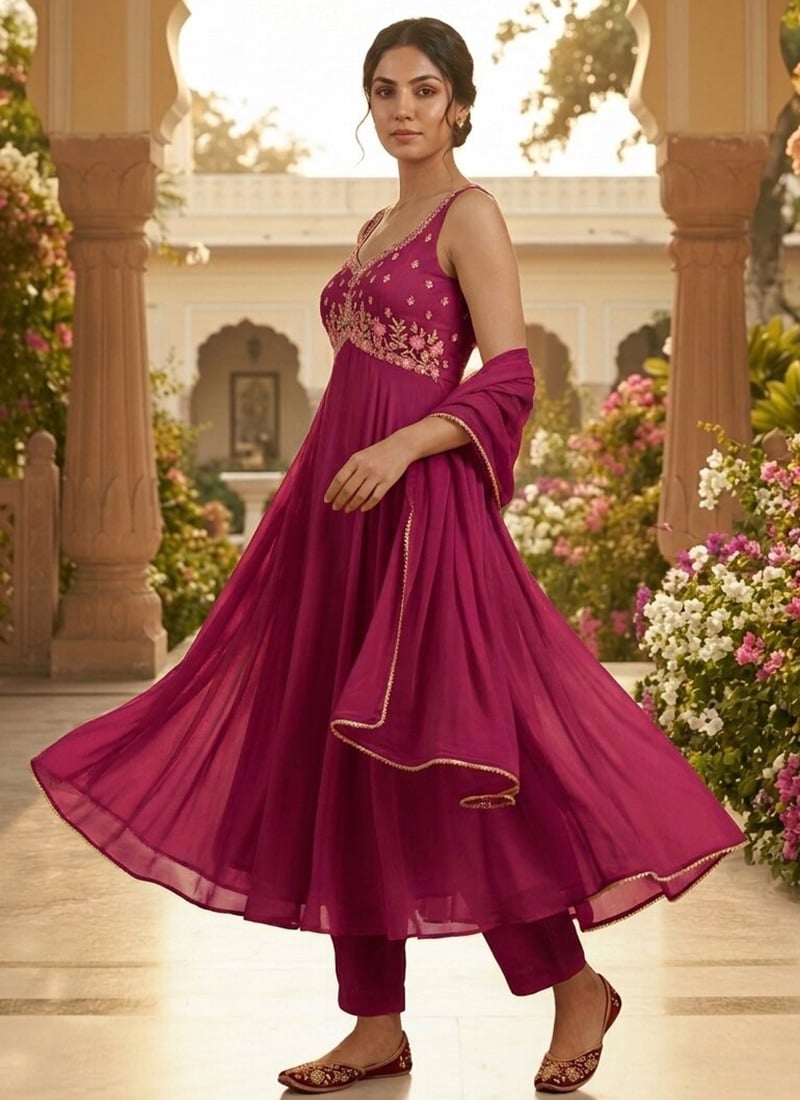 Magenta Pink Georgette Cutdana Sequins Hand Embroidered Anarkali Suit Festive Wear