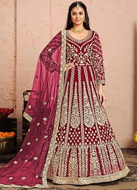 Magenta Pink Net Embroidered N Sequins Anarkali Suit