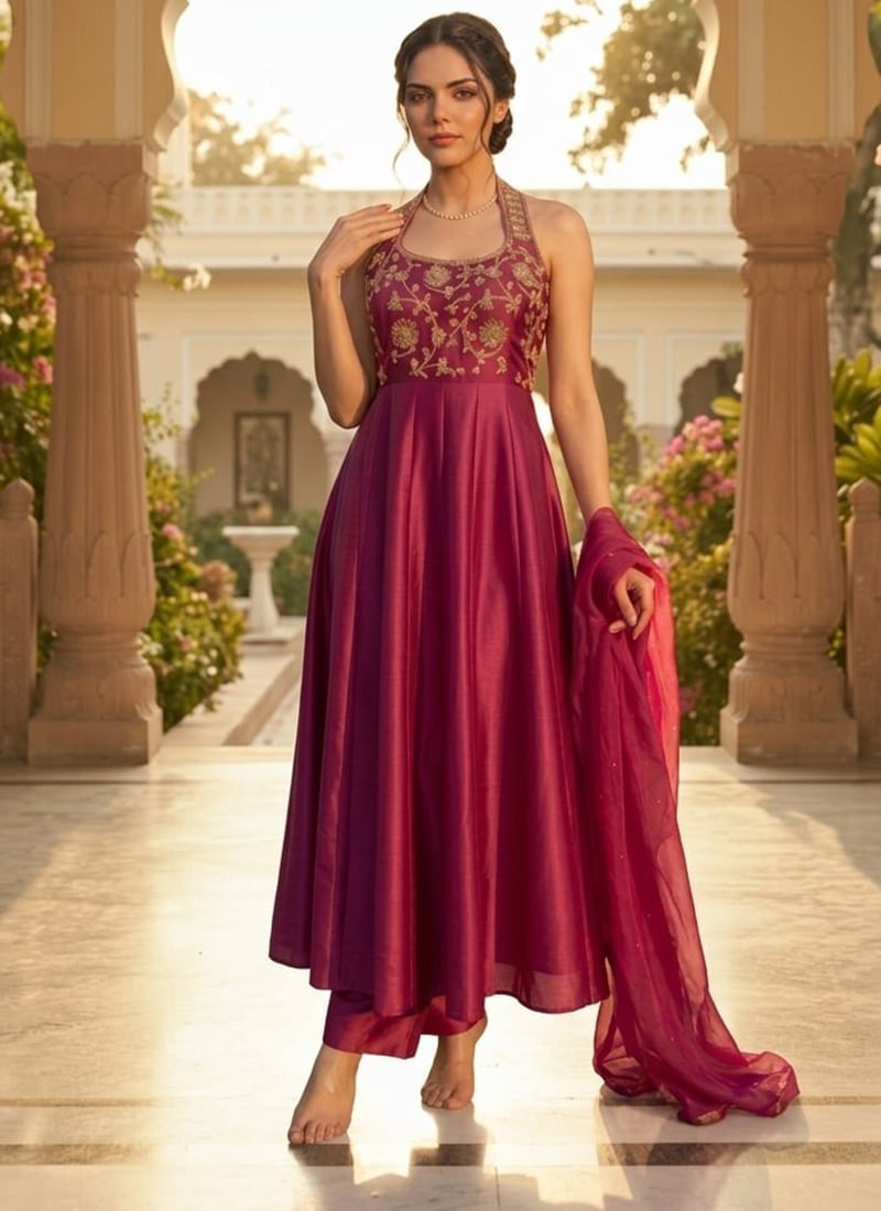 Magenta Pink Silk Zari Sequins Halter Neck Anarkali Suit Festive Wear