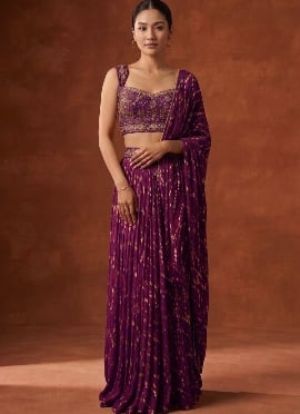 Magenta Purple Chinon Silk Digital Print Sequins Cutdana Hand Embroidered A Line Lehenga