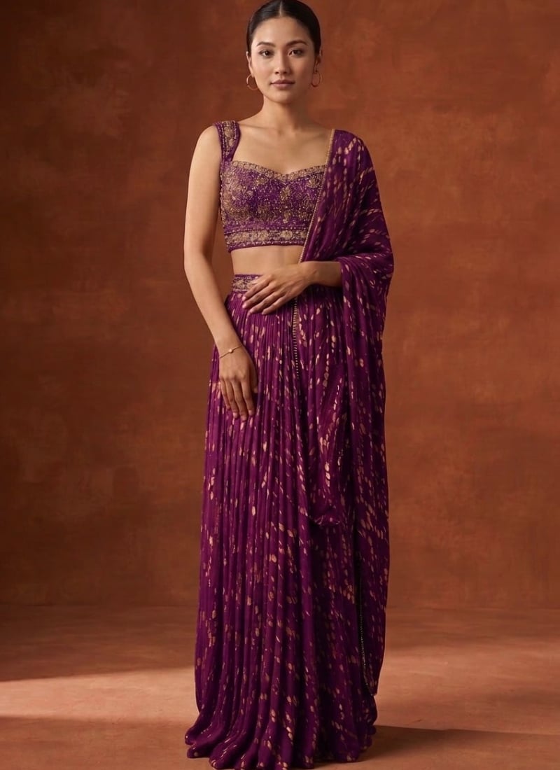 Magenta Purple Chinon Silk Digital Print Sequins Cutdana Hand Embroidered A Line Lehenga Wedding Wear