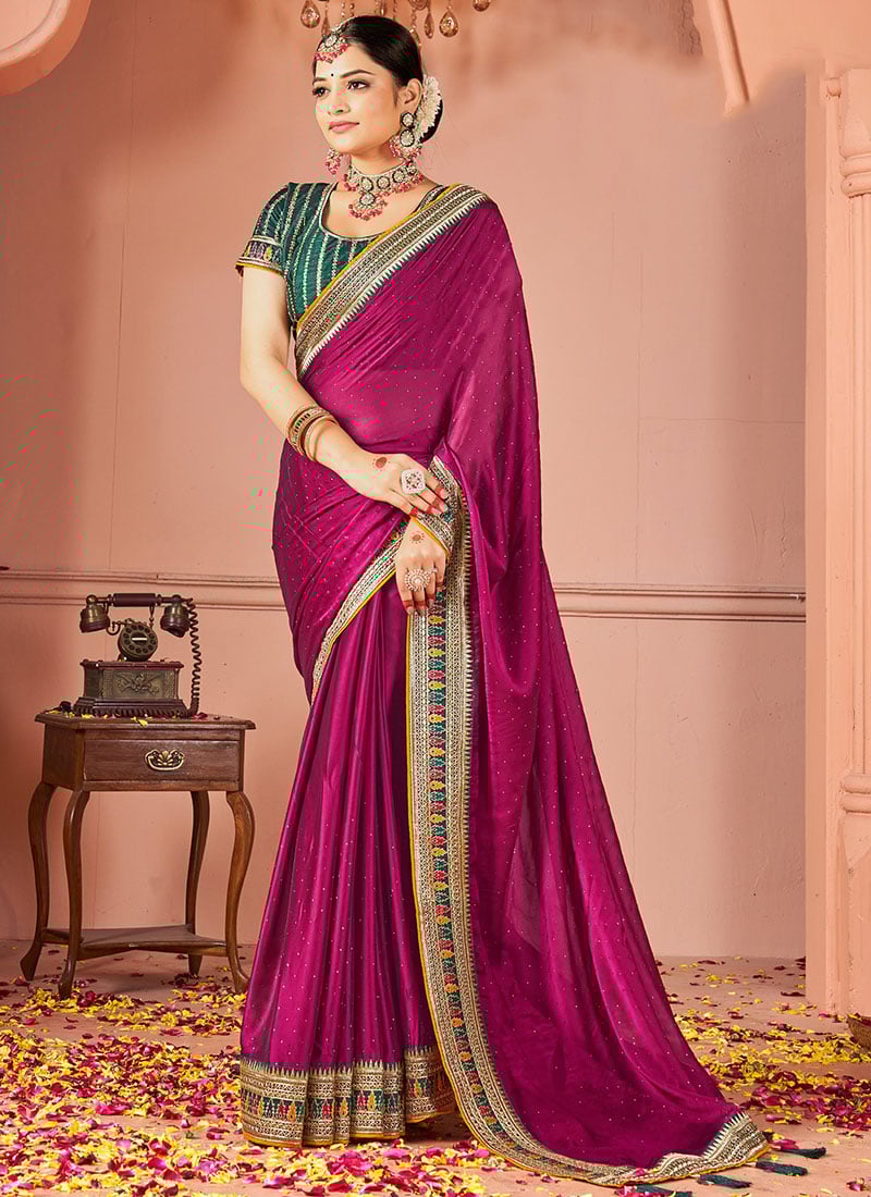 Magenta Rangoli Silk Embroidered Sequins Zari Saree Festive Wear