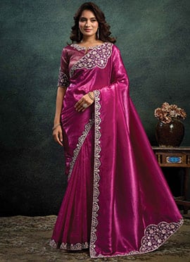 Magenta Satin Silk Sequins Moti Stones Hand Embroidered Saree