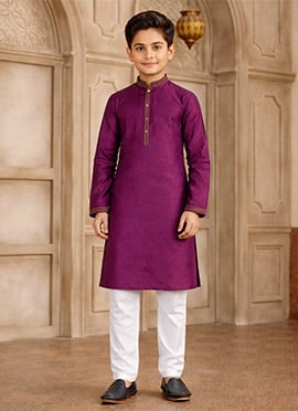 Magenta Silk Brocade Kids Boys Kurta Pyjama