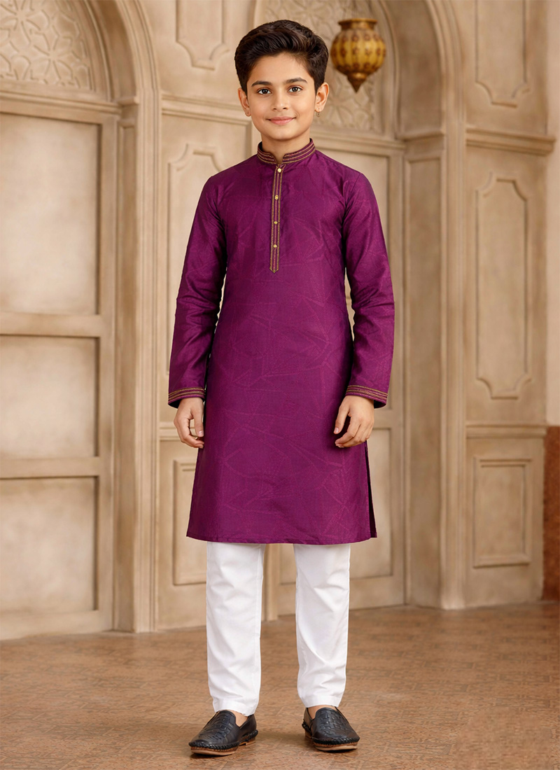 Magenta Silk Brocade Kids Boys Kurta Pyjama Festive Wear