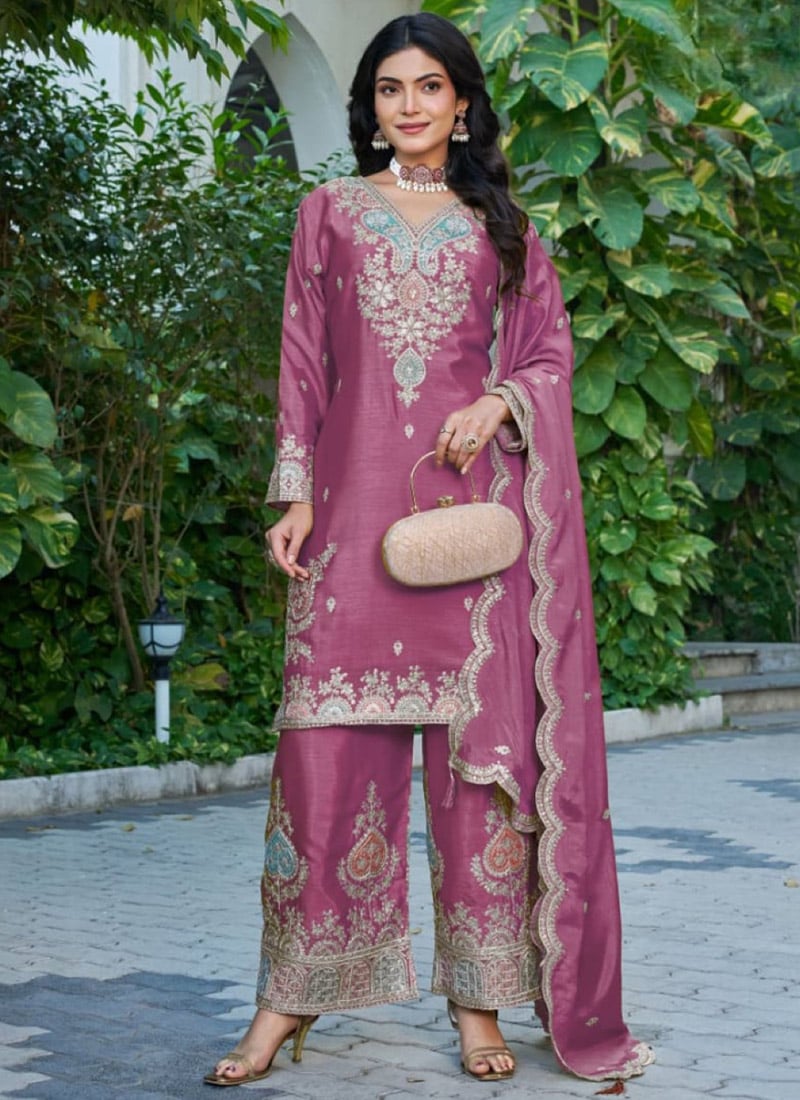 Magenta Silk Chinon Embroidered Sequins Palazzo Suit Festive Wear