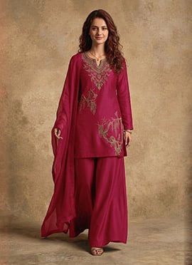 Magenta Silk Embroidered Sequins Palazzo Suit