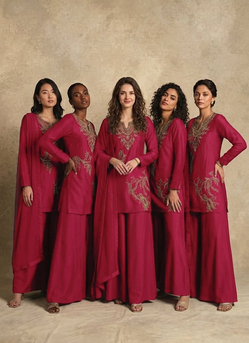 Magenta Silk Embroidered Sequins Palazzo Suit Festive Wear
