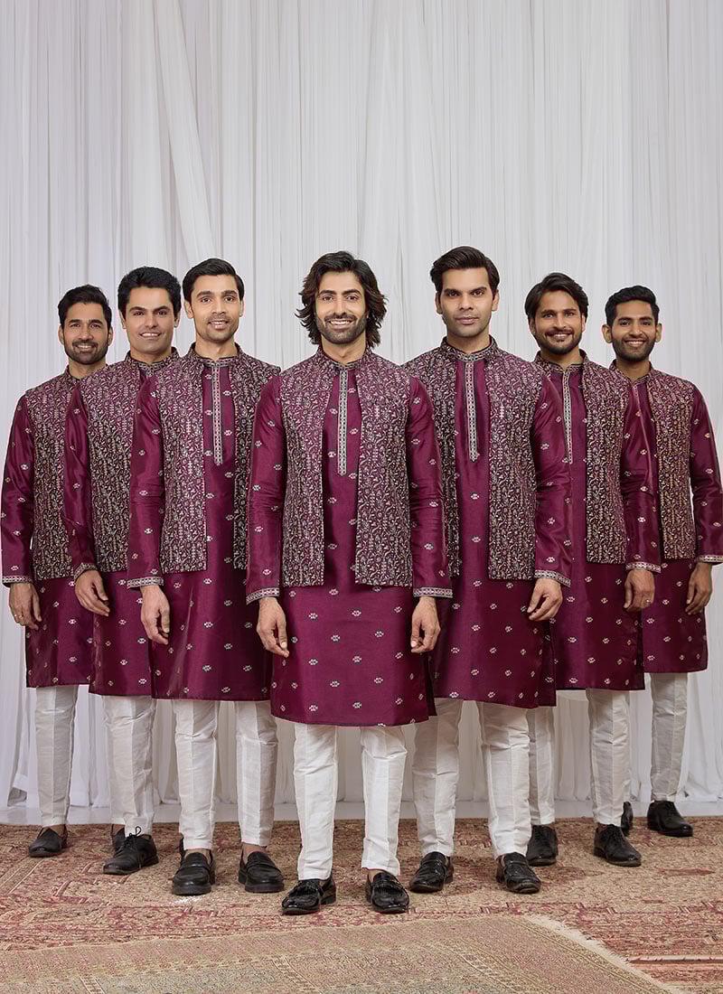 Magenta Silk Embroidered Sequins Thread Bandi Set Festive Wear