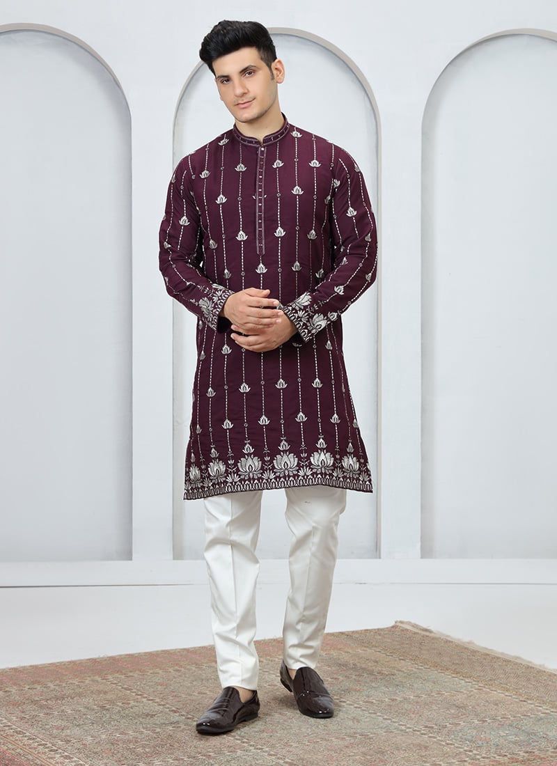 Magenta Silk Embroidered Thread Work Kurta Pyjama Festive Wear